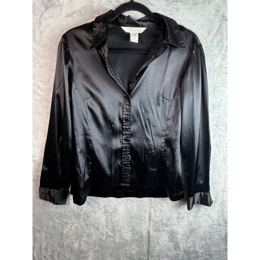 COMPAGNIE EXPRESS Blouse Womens 1/2 Black Satin Button Front Stretch Long